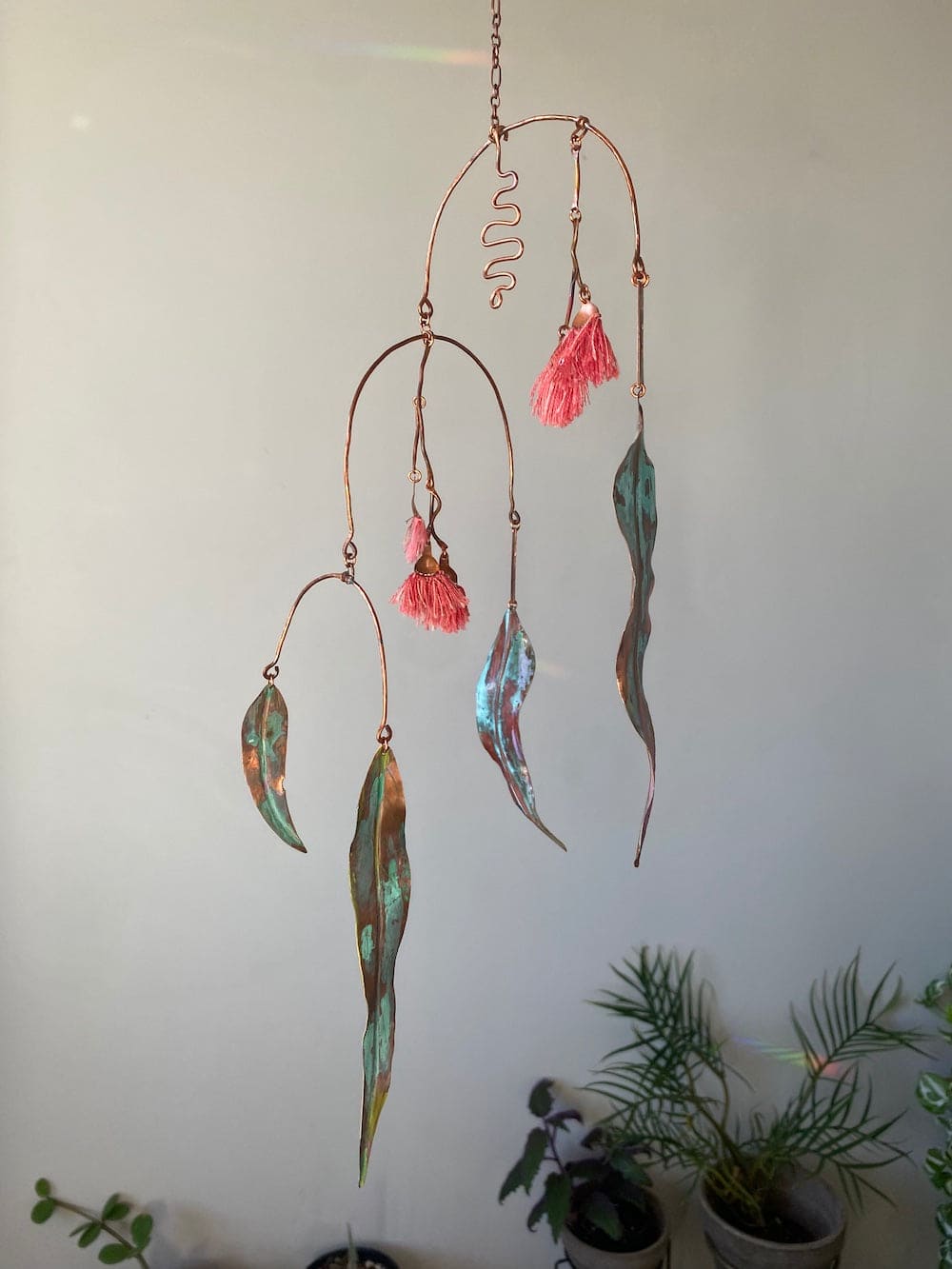copper eucalyptus handmade mobile flowers leaves sculpture artistic pink