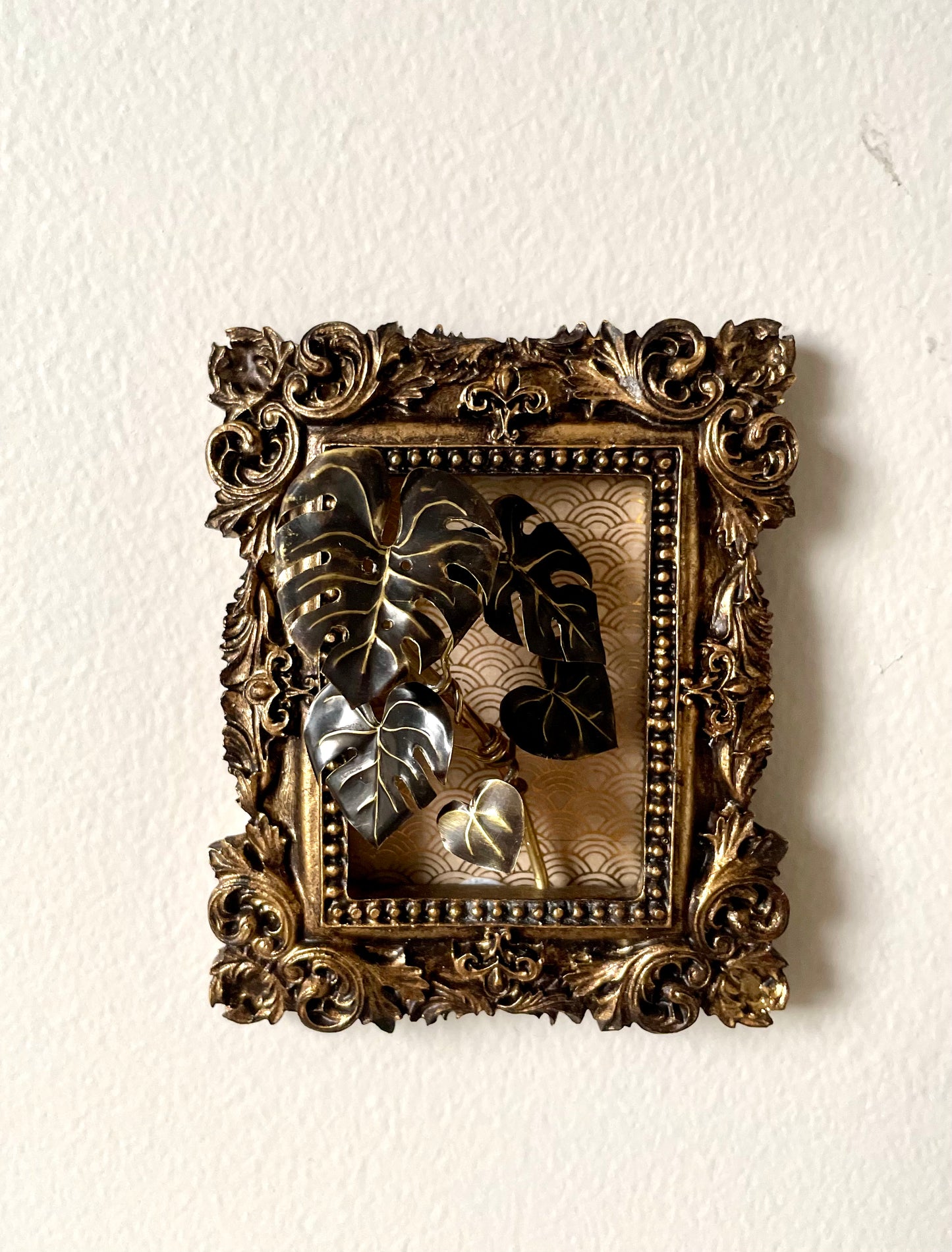 Miniature Brass Monstera deliciosa Framed